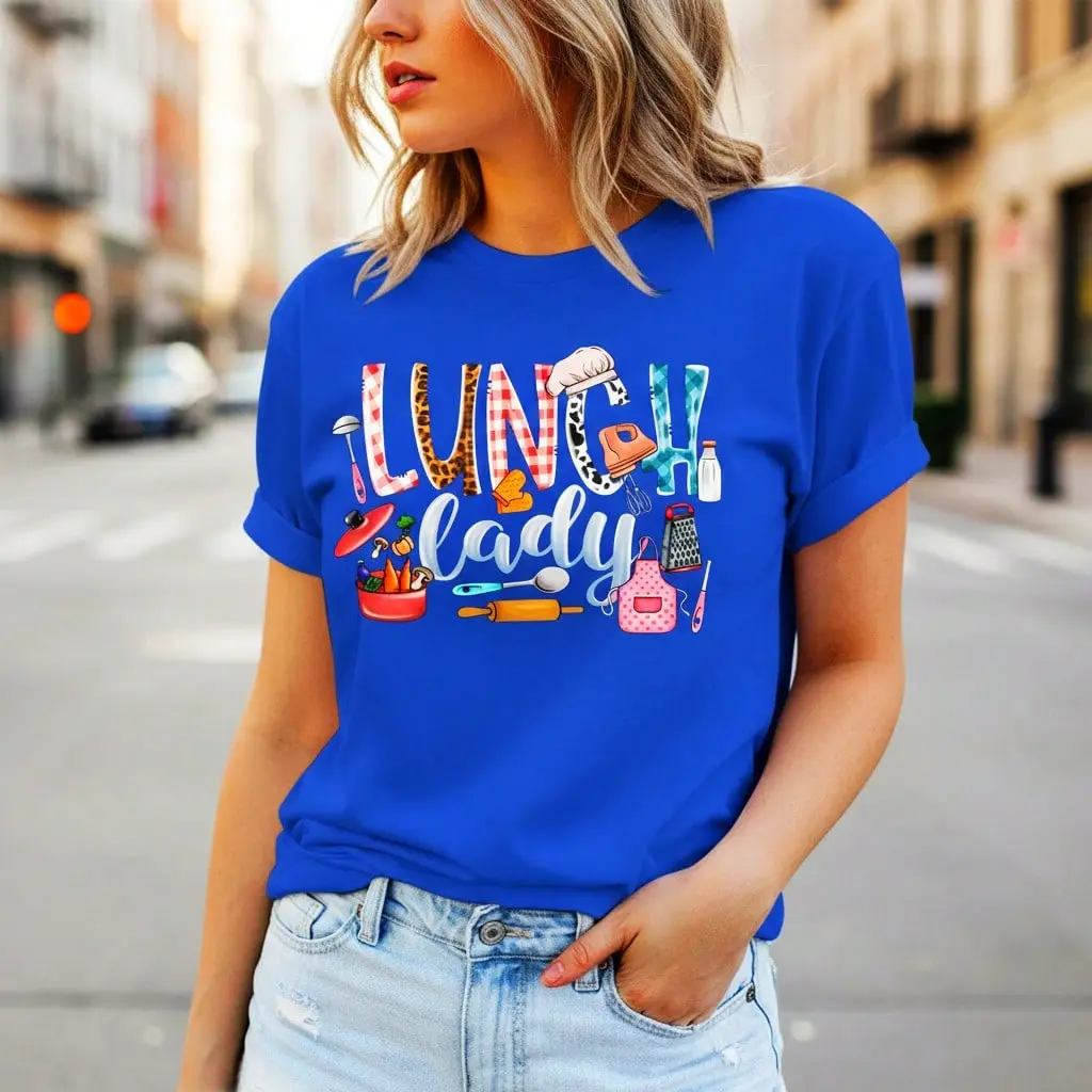 Women's Pure Cotton Graphic T-Shirt, "Lunch Lady" Print Short Sleeve Casual Top, Soft Comfortable Daily Wear, Loose Fit Crewneck Tee