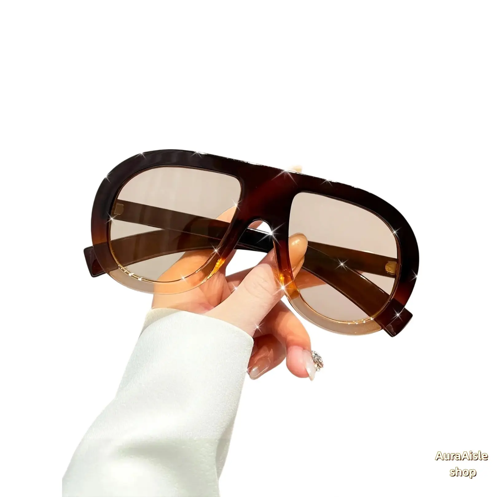 Oversized Pilot‑Style Sunglasses, Gradient Tinted Lens With Rhinestone Edge Detail, Lightweight Solid Frame For Women, Fashion Eyewear For Daily Wear, Beach Visits And Outdoor Leisure Occasions