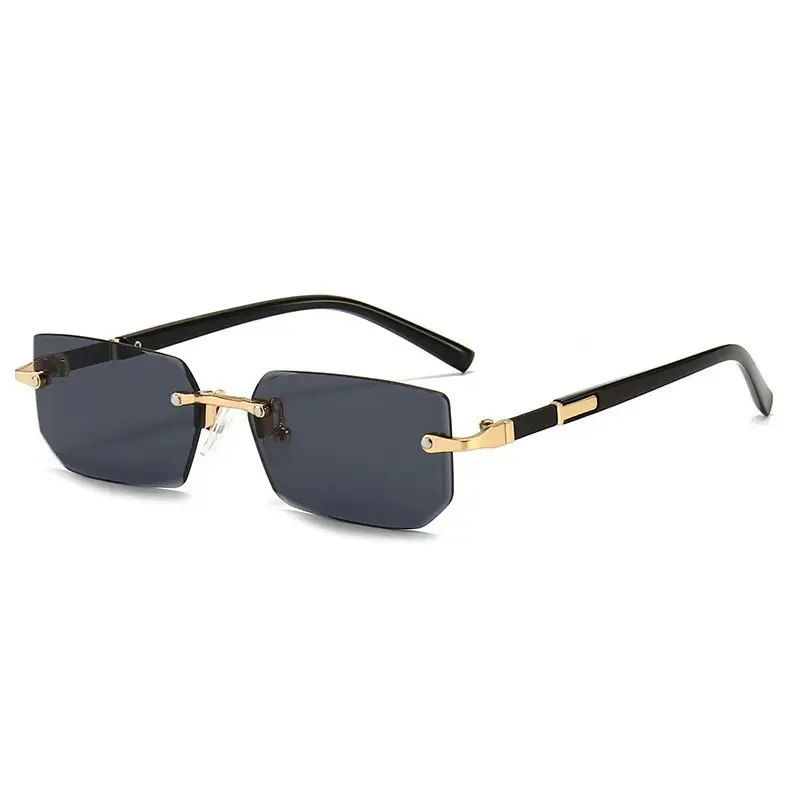 Unisex Rectangle Sunglasses - Lightweight Rimless, Premium Beveled Edge Tinted Shades with Gold Accents, 90s Vintage Vibe Quiet Luxury Look UV400 Eyewear for Light Allday Wear, Travel, Avant-Garde Women's Sunglasses
