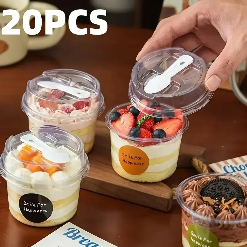 20 Sets Round Transparent Plastic Lid Packaging Box with Spoon, Ideal for Cookies, Fruit Ice Cream, Mousse Cake, Yogurt Cups