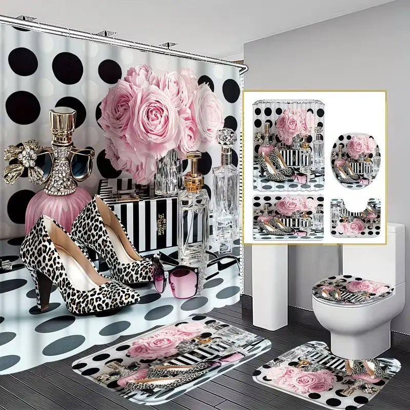 4pcs Modern Bathroom Shower Curtain Set, Leopard Print High Heel + Rose Perfume Bottle, Waterproof, Wall Mounted, 12 Hooks, Home Decor, Gift