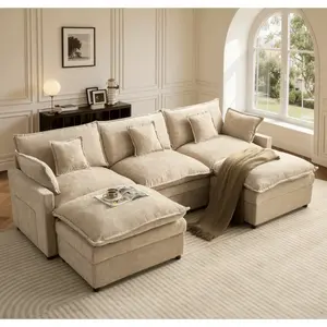 [2 Packages Shipping] 108" U-Shaped Modern Sofa Modular Sectional Cloud Couch with 2 Ottoman, Comfy Chenille Deep Seat Sofa Bed with 5 Pillows for Living Room, Bedroom and Apartment, 5-Seater
