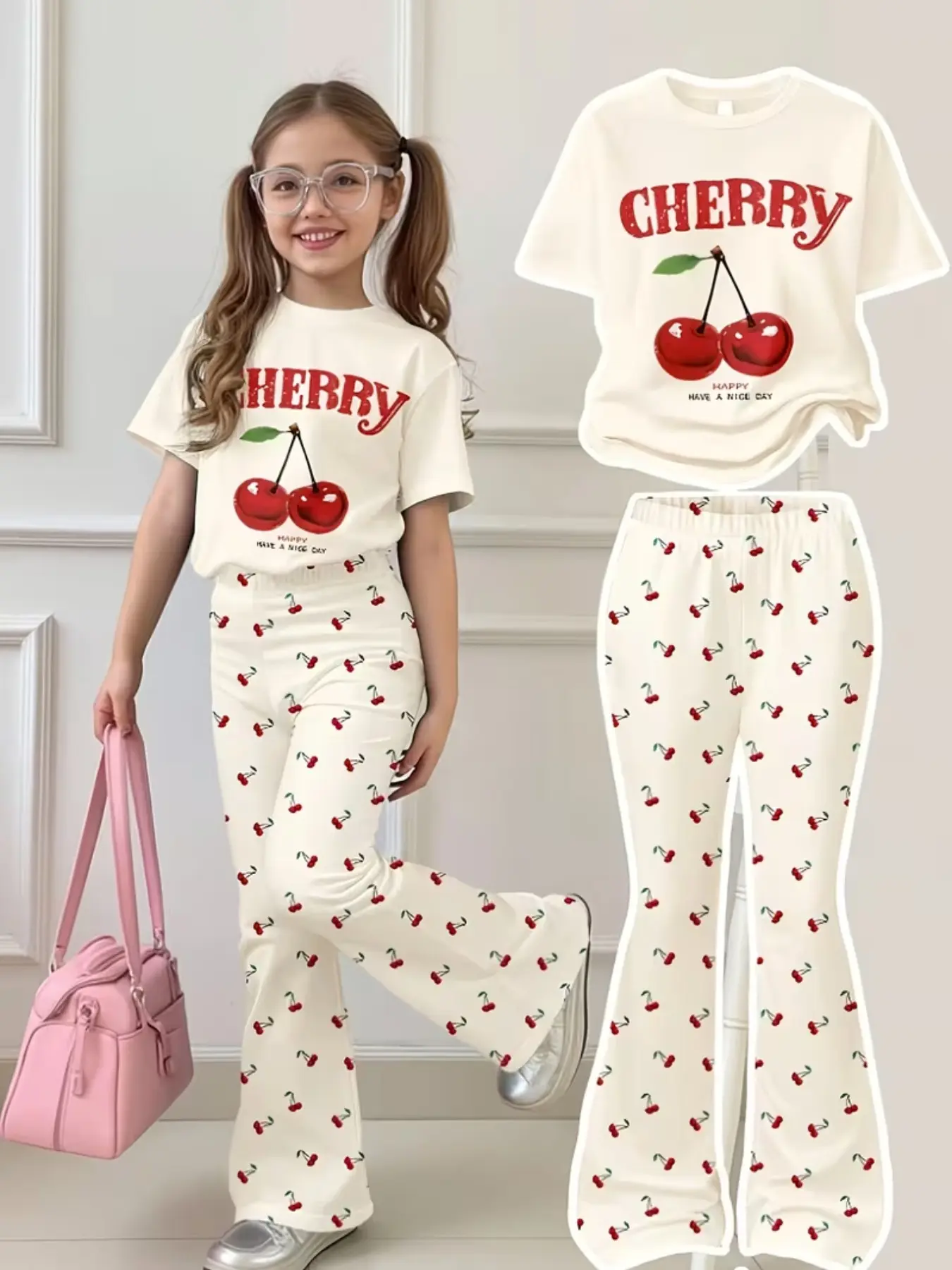 Girls' Vintage Cherry Print Round Neck Loose Short Sleeve T-Shirt & Slim Leg Pants Matching Set, All Seasons, Casual Outdoor Wear