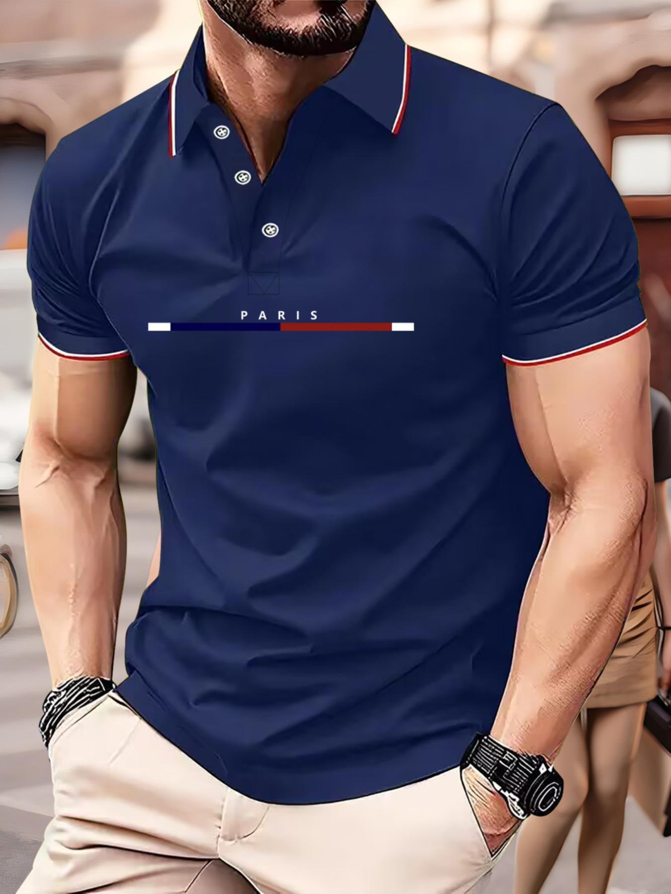Men's Letter Graphic Short Sleeve Polo Shirt, Regular Fit Casual Striped Trim Half Button Collar Top for Summer, Fashion Men's Clothes for Daily Wear, Polo Shirts for Men, Summer Outfits 2024, Polo Clothes, Fitted Aesthetic