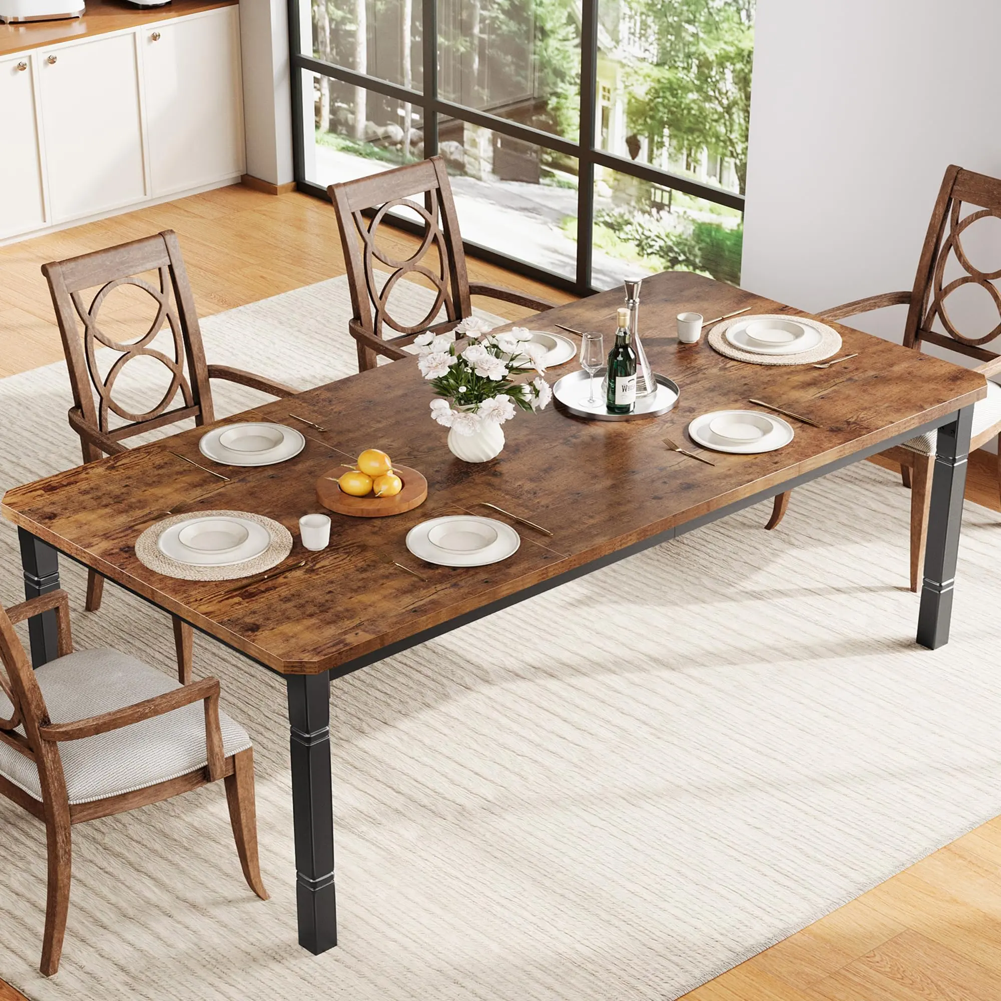 Garvee - Industrial Dining Table 79 Inches with Beveled Corner and Sturdy Metal Legs for Dining Room, Kitchen, Living Room, Easy Assembly