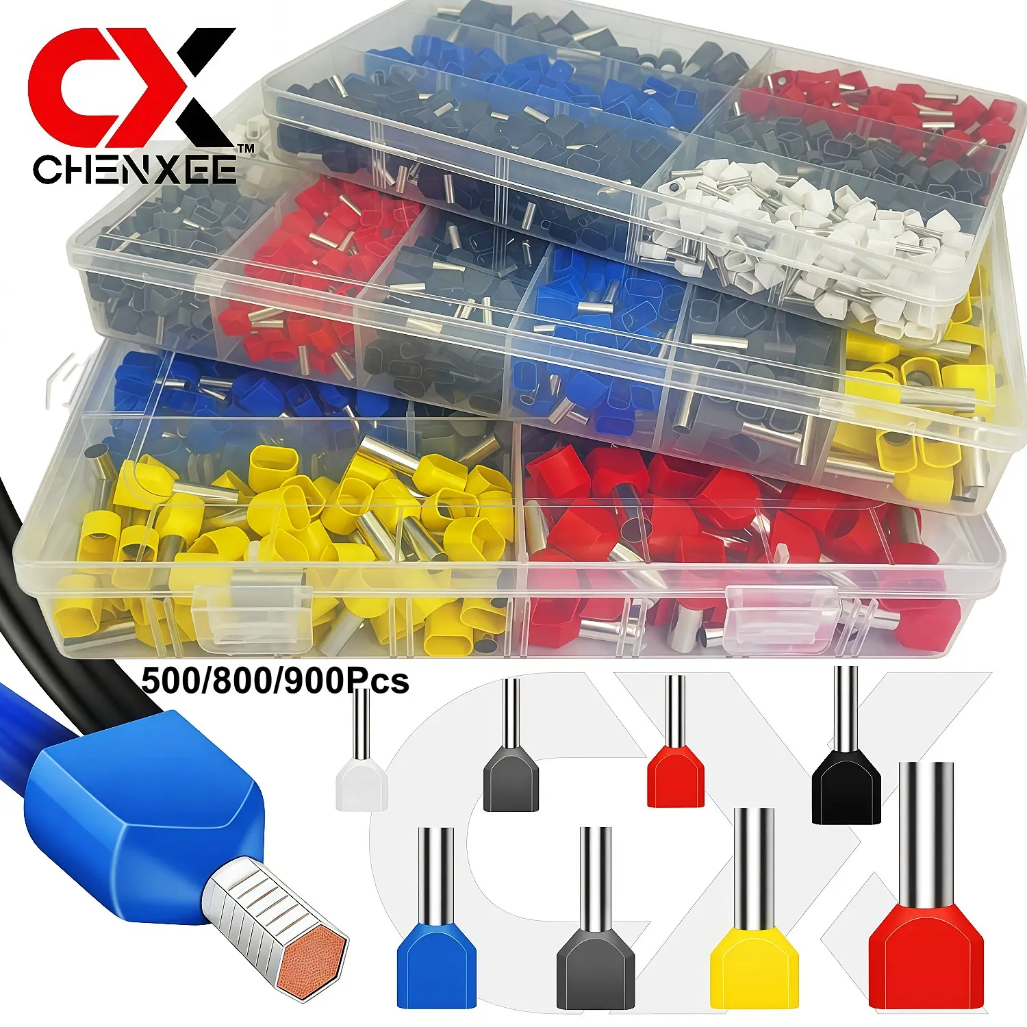 900/800/500Pcs/Box Double Wire End Ferrules Terminal, 22-8AWG 0.5-10mm² Reliable Twin Wire Connector Pin Electrical Cable Connector, Double Pipe Cold Pressed End Insulated Tubular Terminal For Cable Connecting, Cable Connector Kit