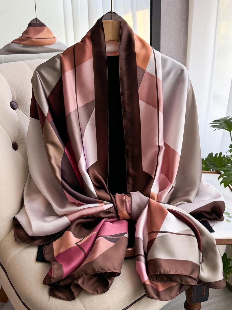 Women's Geometric Print Silk Scarf, Boho Style Scarf, Fashionable Soft Comfortable Shawl for Daily Wear, Casual Versatile Scarf for Women