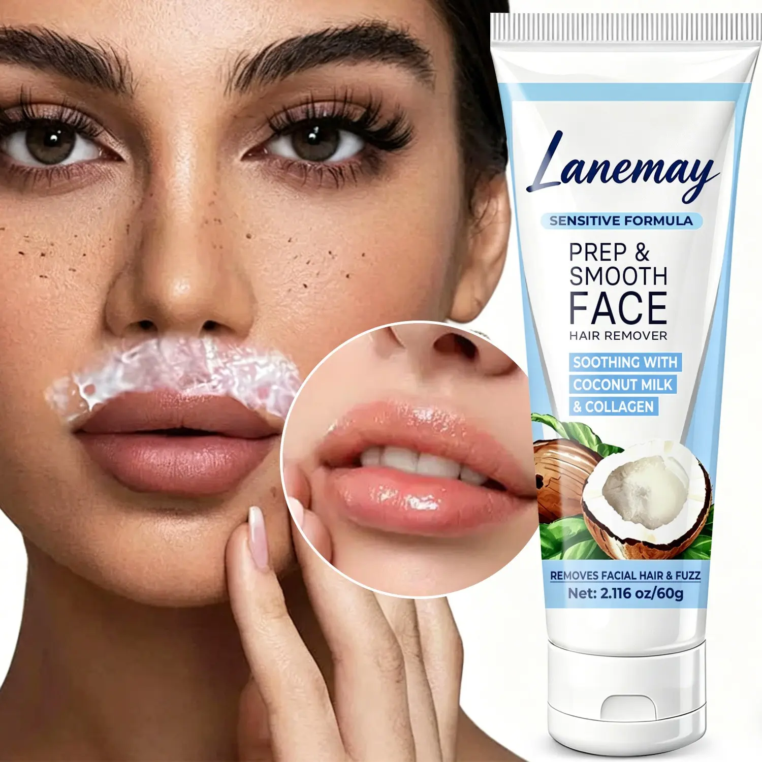 Facial Hair Removal Cream, Collagen Repair, Coconut Milk Moisturizing, Facial Hair Remover, Upper Lip Mustache, Side Brows Fine Hair, Refreshing No Dark Spots, Smooth, All Skin Types