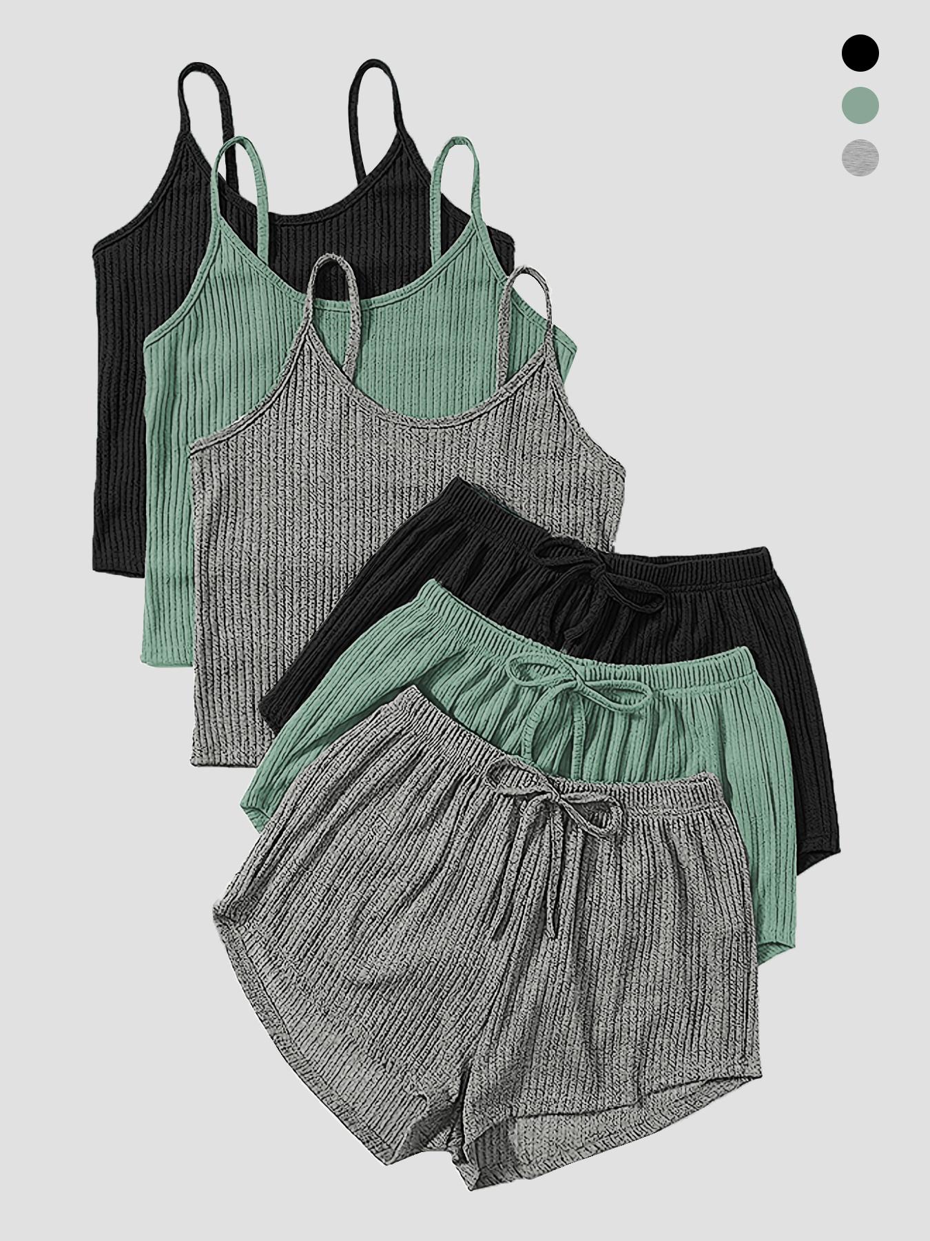 Six-Piece Set Women's Plain Basic Fitted Ribbed Shorts Set, Casual Soft Crop Spaghetti Strap Cami Top & Elastic Waist Shorts Set, Summer Clothes, Summer Outfits Set for Outdoor Holiday, Cute Summer Outfit