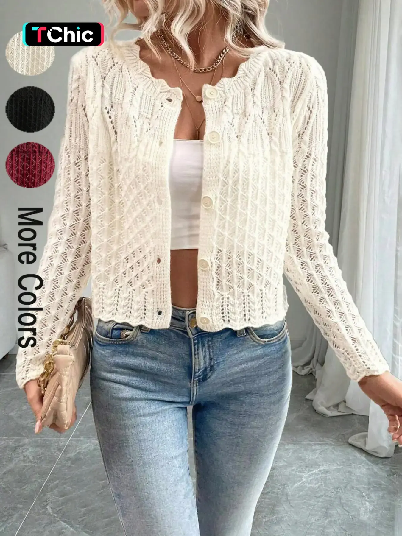 Simple Spring & Fall Women's Round Neck Lace Front Button Cardigan, Thin Knit Sweater, Casual Fitted Long Sleeve Top