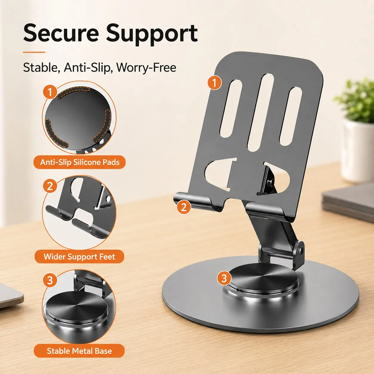 Adjustable Tablet Mount Stand, Sturdy Tablet Mount, 360° Rotating Foldable Phone Holder, Portable Compact Desktop Metal Stand for iPad, iPhone, Tablet and Smartphones