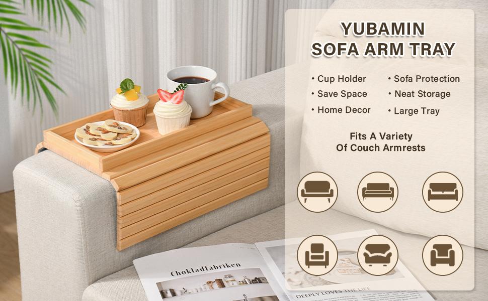 Bamboo Sofa Arm Tray, Anti-Dropping Couch Arm Tray, Foldable Sofa Armrest Tray Couch Arm Table for Eats, Drinks, Snacks, Remote, Cellphone, Cup Holder, Back Anti-Slip Pad
