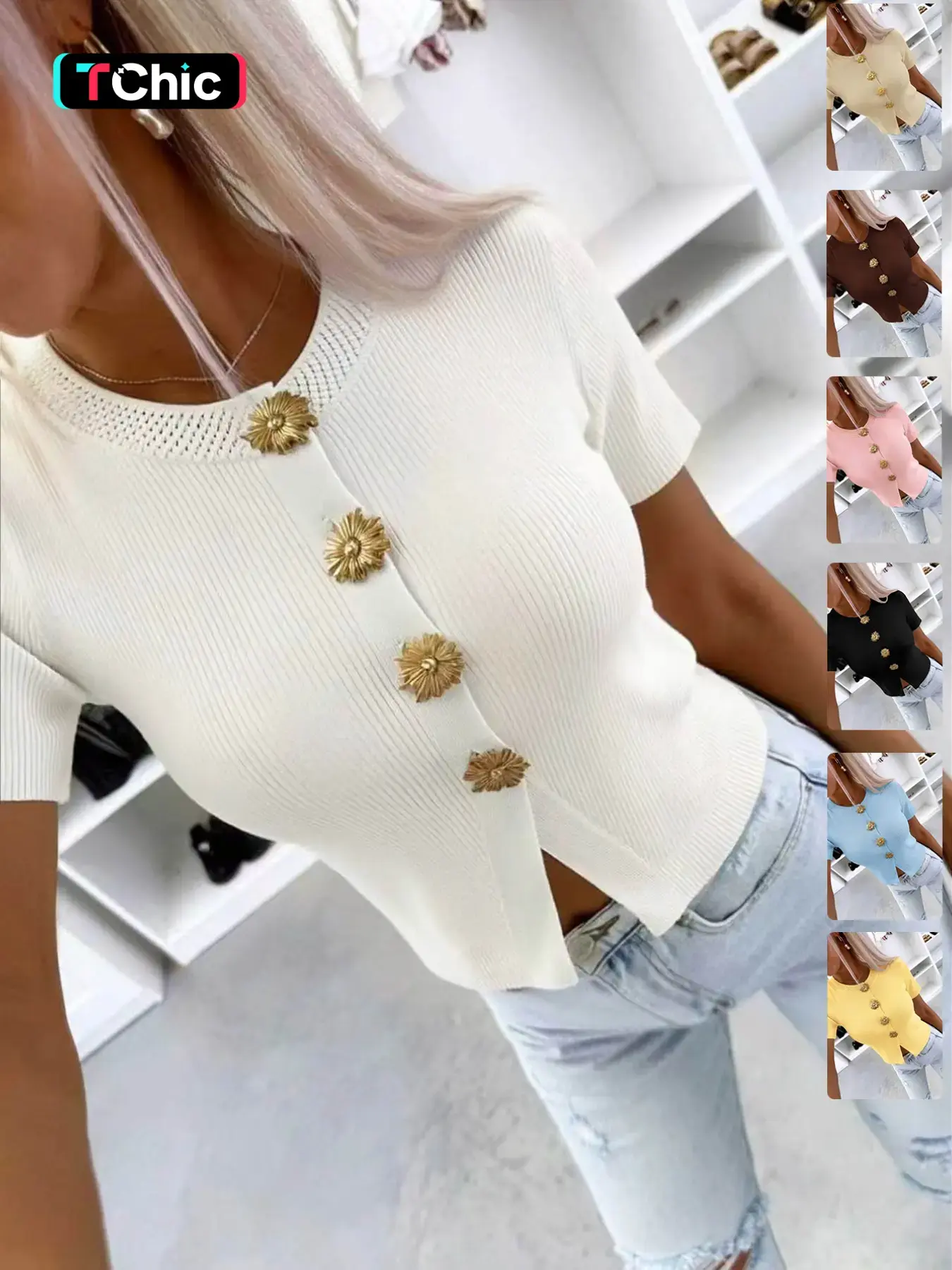 Women's Summer Casual & Elegant Cozy Knit Top, Casual Fashion Knitwear, Knitting, Womenswear, Round Neck Short Sleeve, Metal Button, Perfect for Dating and Daily Wear, Knitwear