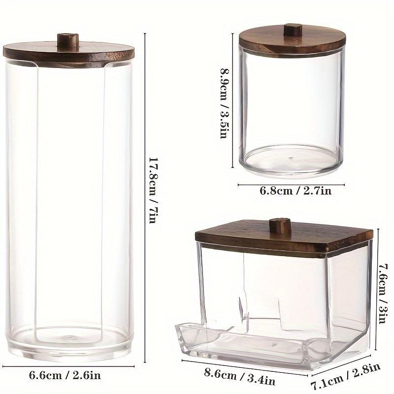 Clear Storage Box with Wooden Lid, 3 Counts Cotton Balls Cotton Swabs Storage Box, Household Storage Box for Home Dormitory Bathroom Hotel, Bathroom Counter Organizer