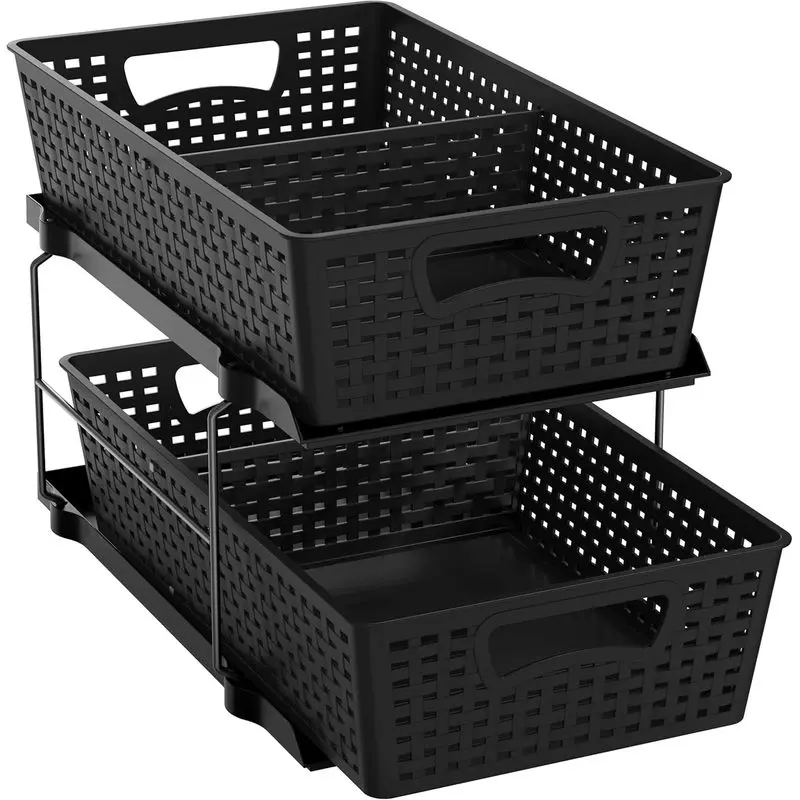 2-Tier Under Sink Organizer with 2 Pull-Out Drawers, Sliding Storage Shelf with Dividers for Kitchen, Bathroom, Cabinet and Pantry, Black
