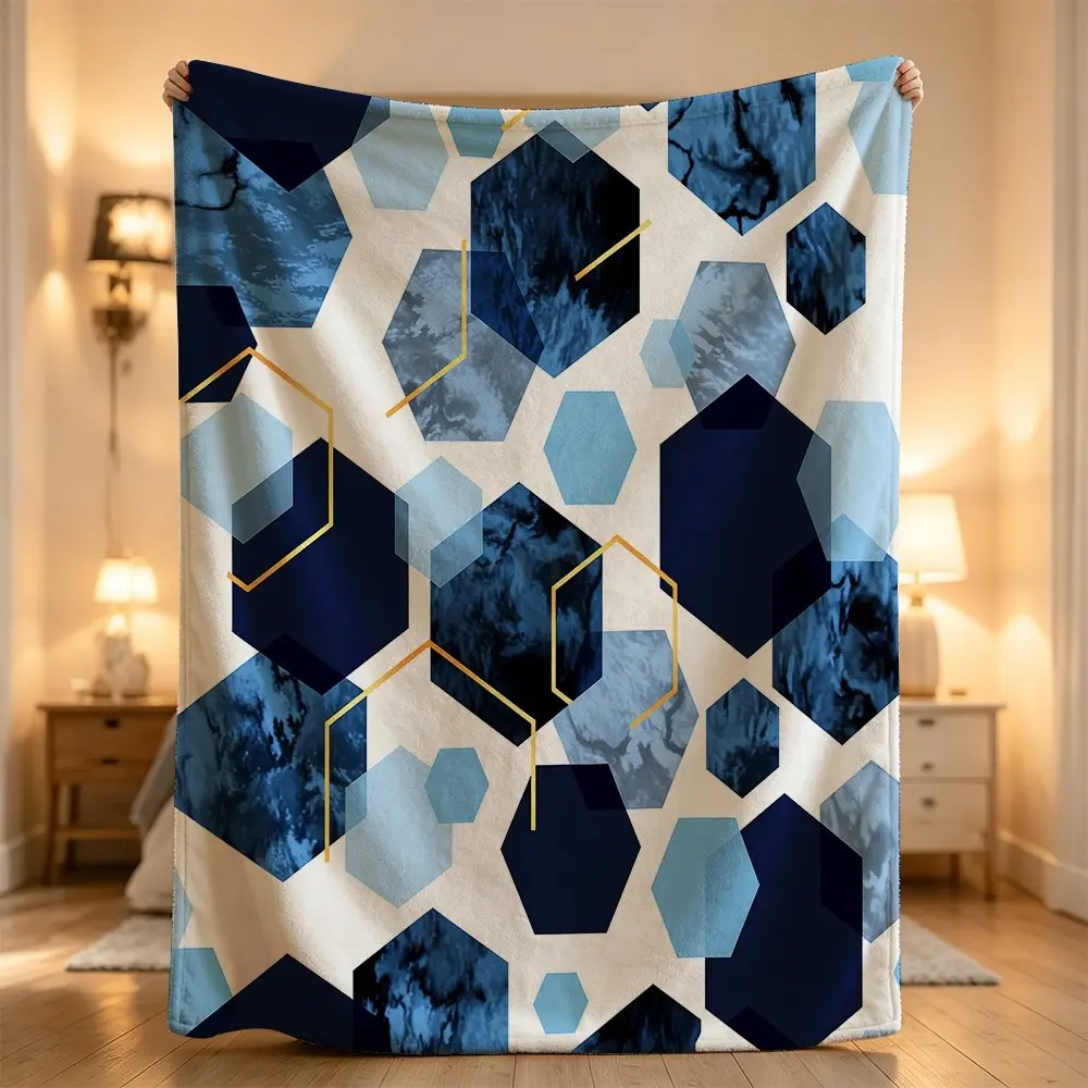 Geometric hexagon modern blue abstract design plush warm cozy Flannel blanket, sofa leisure blanket, bed blanket, Plush Throw Blanket,Cozy Soft Lightweight Blanket,Boho Decorative Throw Blanket