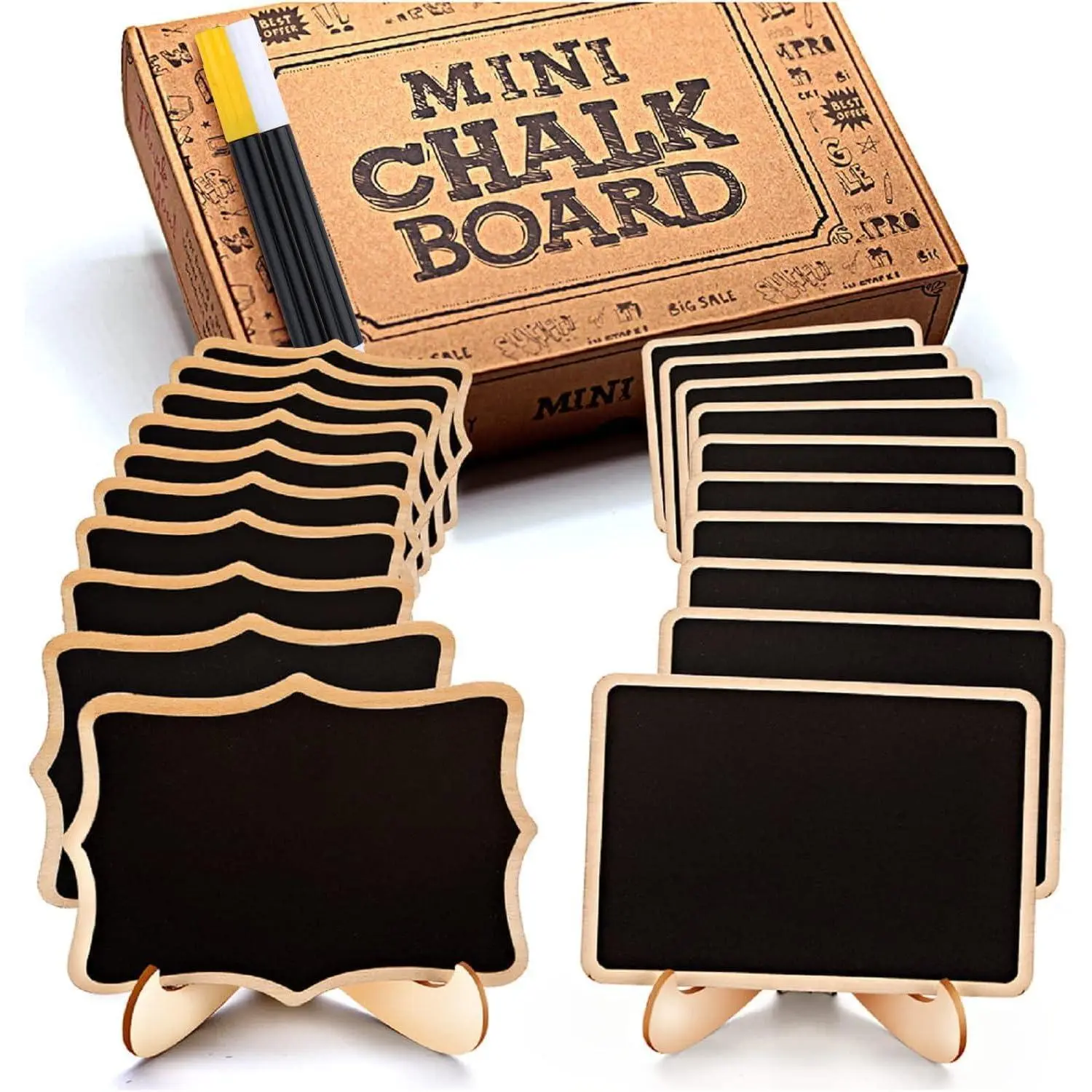 Mini Chalkboard Signs, 20 Pack Small Wooden Tabletop Chalkboard Sign with Support Easels for Weeding Table Numbers, Buffet Food Signs, Party Decoration (Fancy Polygon)