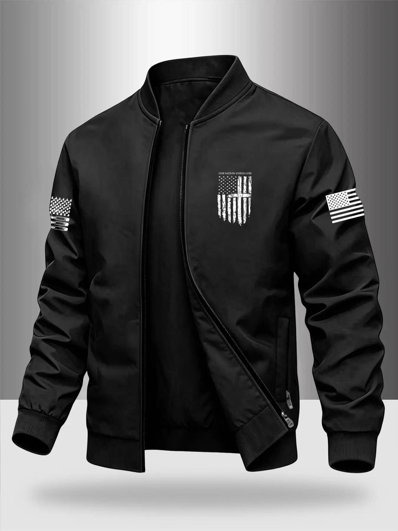 Men's All-Season Vintage Flag Cross Baseball Stand Collar Jacket, American Patriotic Zipper Pilot Coat, Stain-Resistant, Versatile