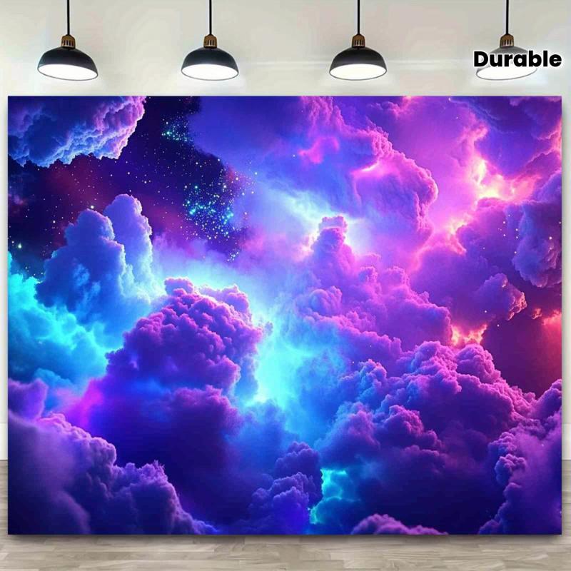 Cosmic cloud blacklight tapestry with UV reactive glow in vibrant purple, pink, blue, green design.Durable polyester fabric in multiple sizes for bedroom, living room, dorm, or party decor.Ideal for housewarming or anniversary backdrop.