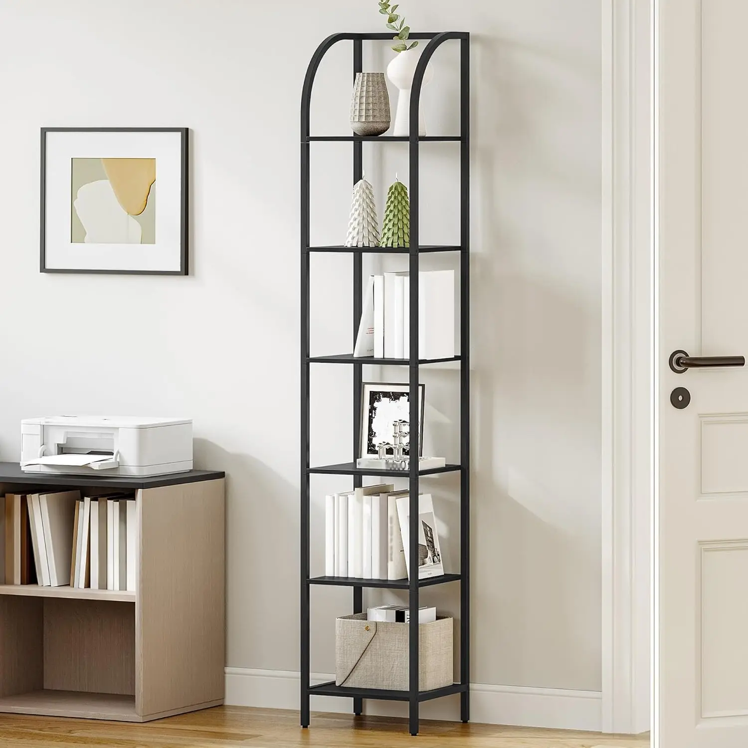 Bookshelf Narrow Bookcase, Tall Storage Rack with Steel Frame, Display Standing Shelf Unit, Skinny Book Shelf for Study Living Room  Office, Industrial Style, 6-Tier Black BC56004B