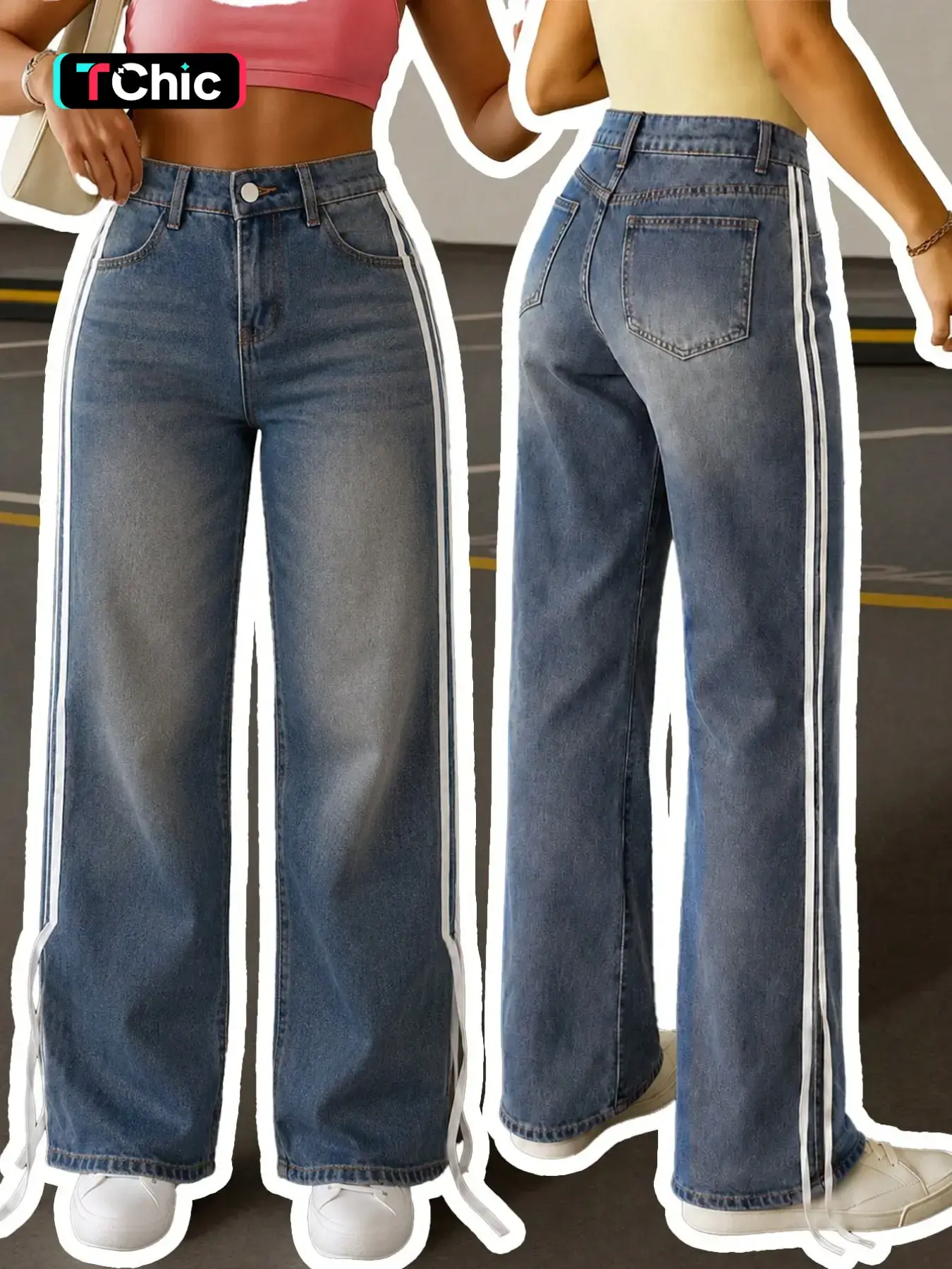 Women’s Medium Wash High Waist Denim Jeans Pants, Side Stripe Tassel, Wide Leg, Y2K Style, Casual Streetwear for Campus & Events