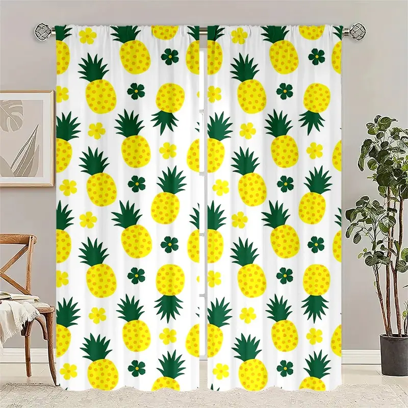 2-Pack Pineapple Print Curtains, Kids Room Bedroom Privacy Semi-Transparent, Polyester Rod Pocket Decorative Curtains for Living Room Party