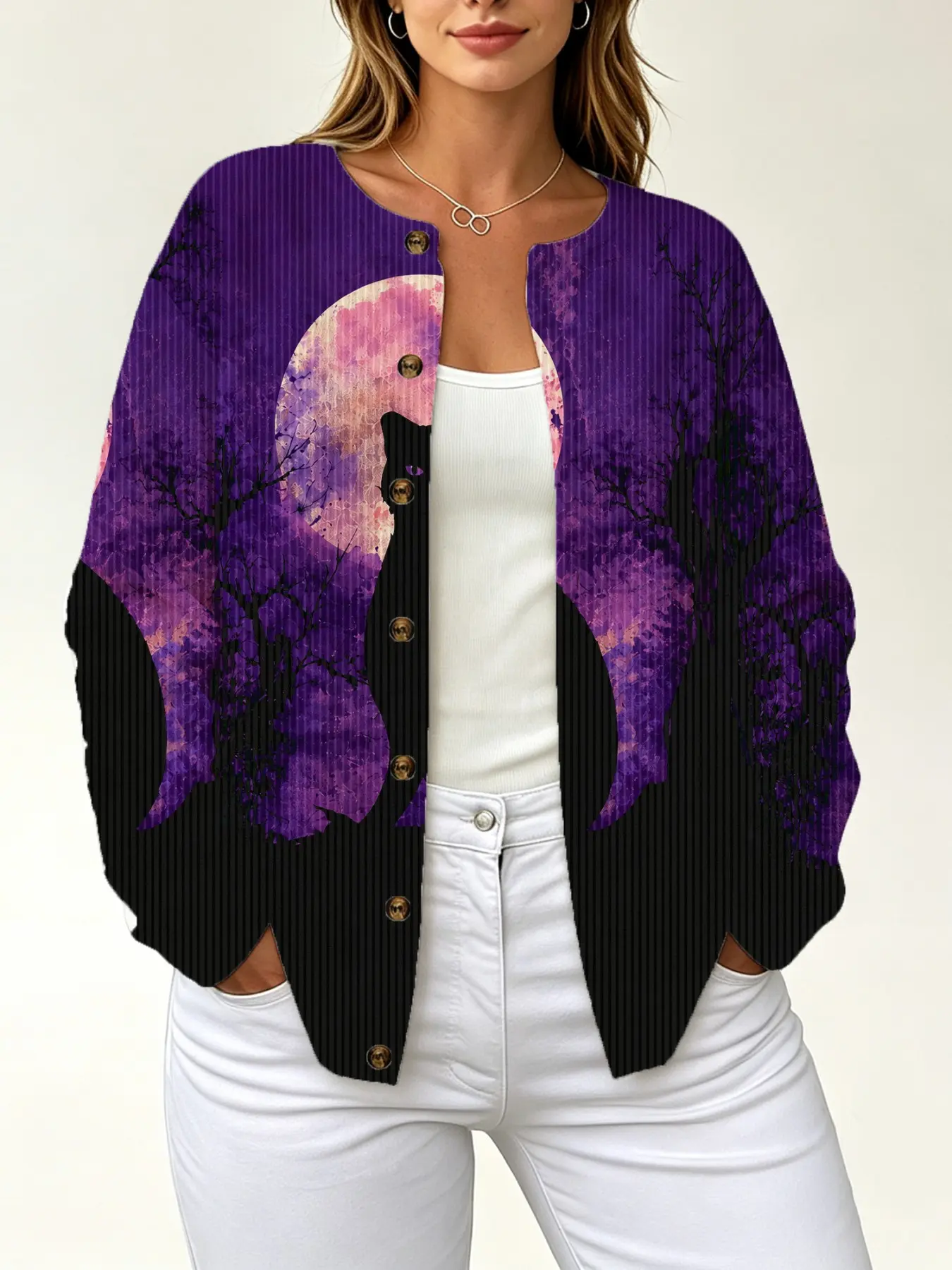 Women's Gothic Style Knit Cardigan, Moonlit Cat Print, Round Neck Long Sleeve, Loose Fit Casual Outerwear