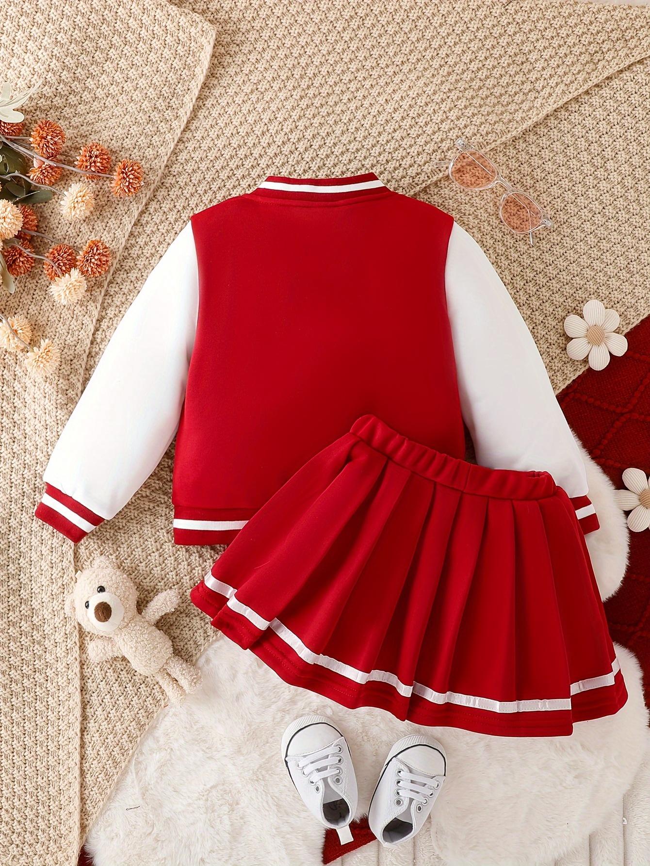 Kids Clothing Girls 2-Piece Preppy Look Set, Cotton Blend Baseball Jacket with Printed Letters + Pleated Skirt, Outdoor & Party Wear Gift