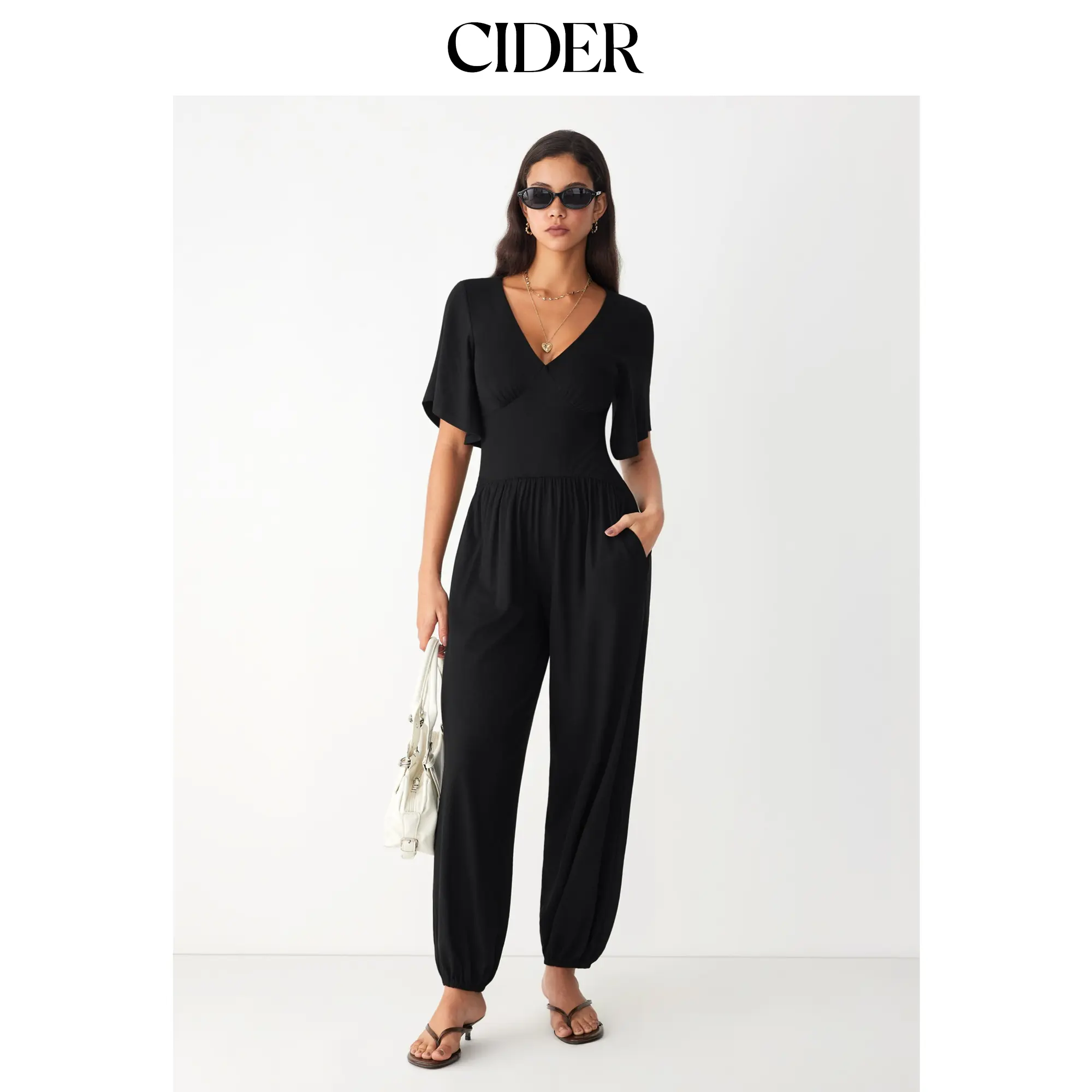 Cider V-neck Bell Sleeve Ruched Jogger Jumpsuit