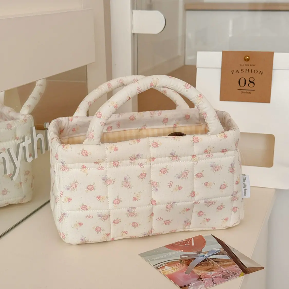 Rose Flower Handbag Organizer, Quilted Fabric, Commute, Desk Storage, Snacks, Miscellaneous Items, Jewelry, Home Storage Basket