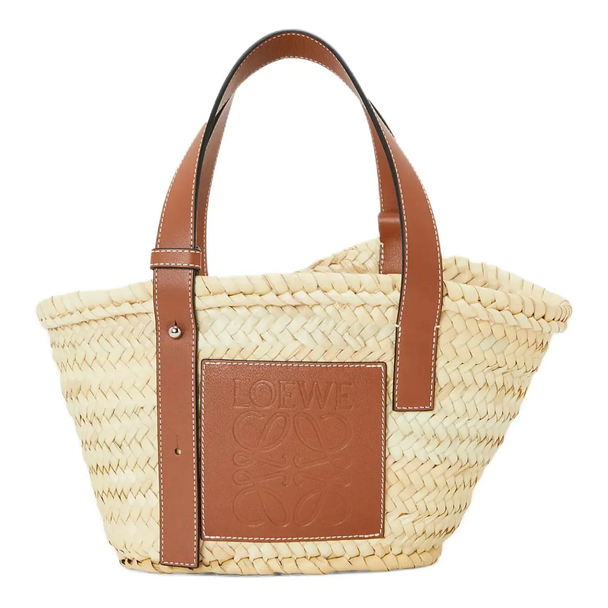 Loewe Basket Anagram Embossed Calfskin Palm Leaf Patch Handbag for Women, Small, Natural Tan