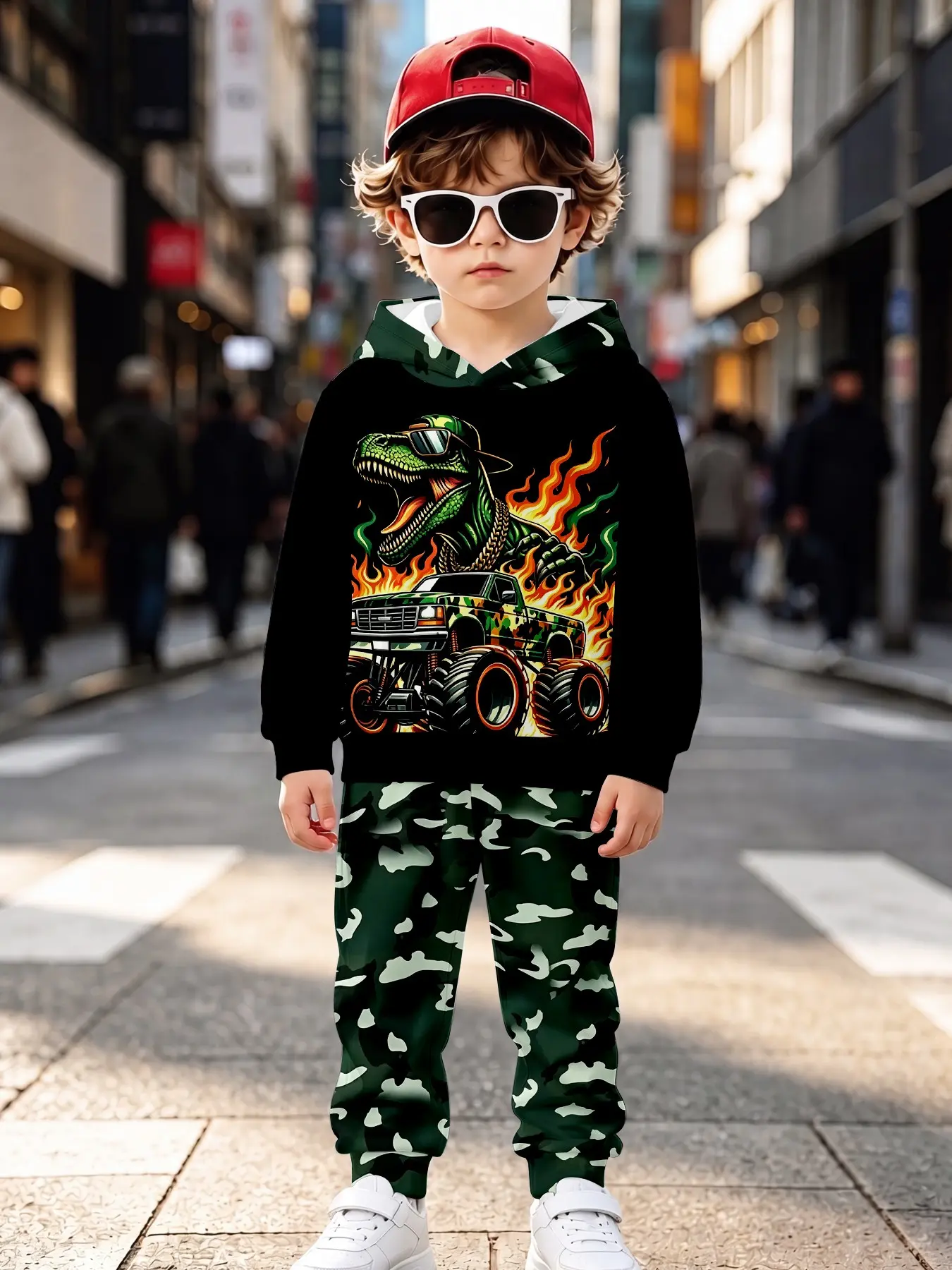 Flame Dinosaur Hoodie Set, Casual Long Sleeve Top and Sweatpants, Loose Fit, Fall & Winter Wear, All over Print