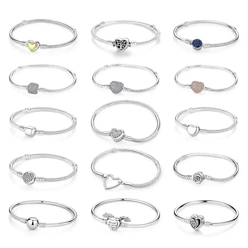 Original 925 Sterling Silver Bracelets Bangles Love Heart Clip Charms Beads Snake Chains For Women Rose Gold DIY Luxury Jewelry
