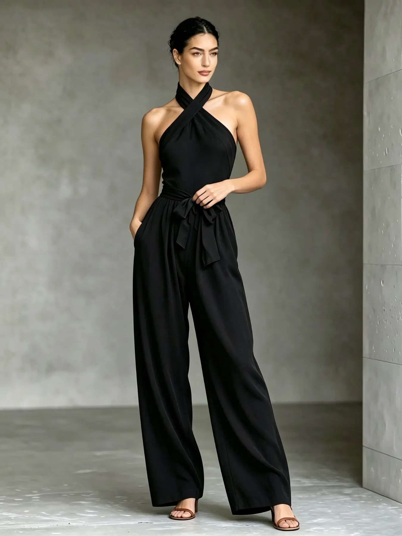 Women's Summer Halter Cross Neck Romper, Elegant Lazy Luxury, Slim Fit, High-Quality Wide Leg Pants, Side Pockets, Vacation, Office, Casual