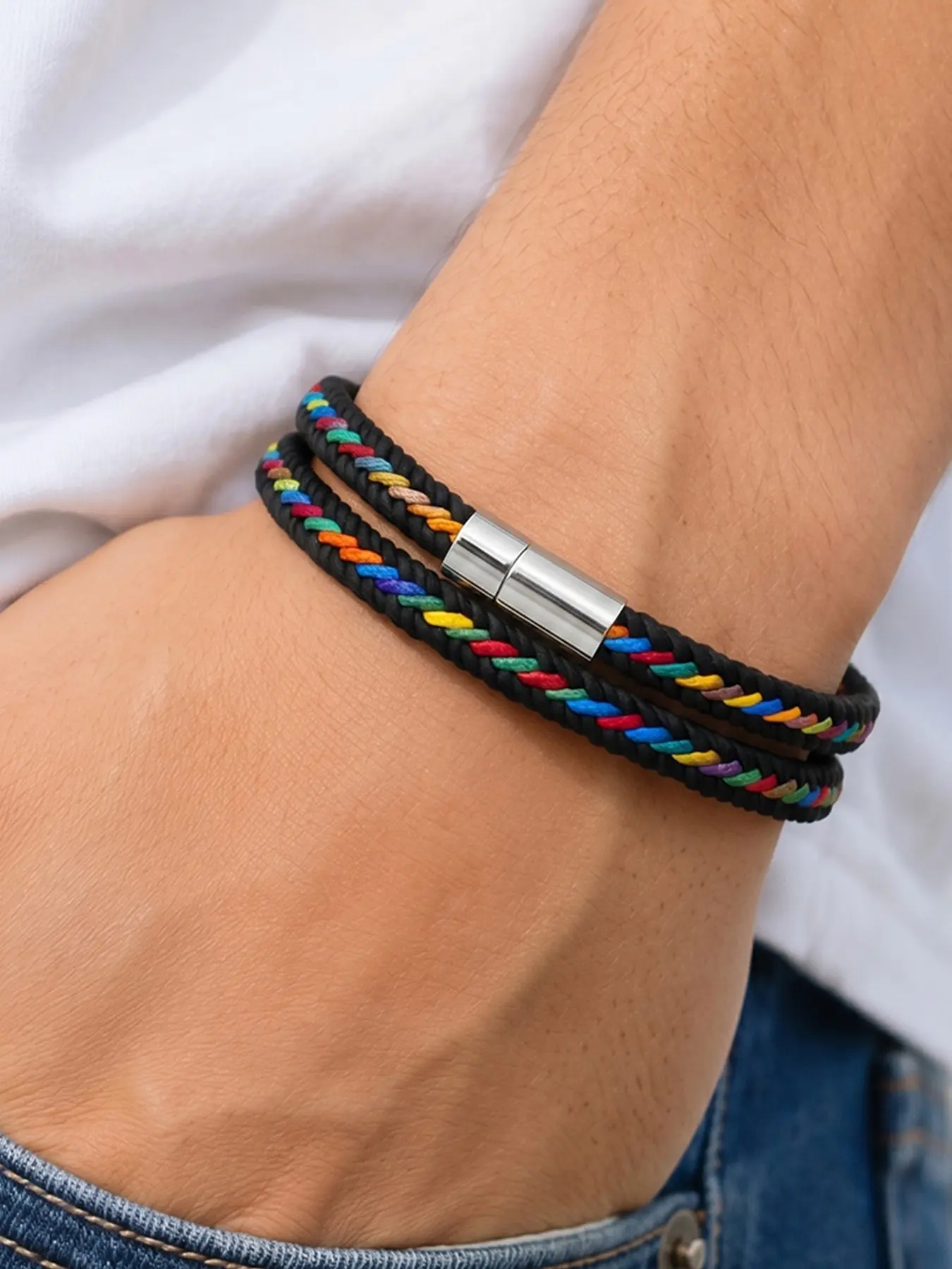 Men's double-layer braided rope bracelet, colorful hand-woven wristband with casual wristband, a variety of colors to choose from, daily wear good products, men's gifts, simple Bohemian style wristband