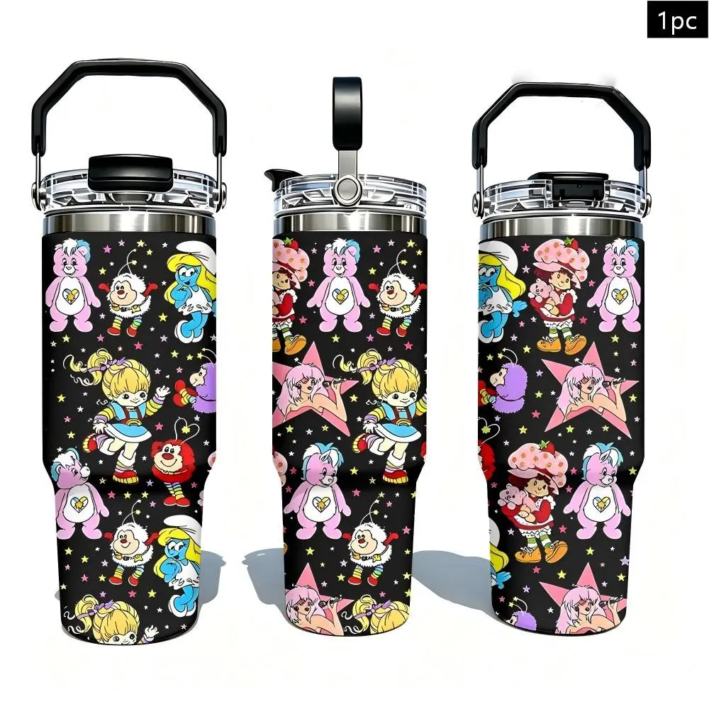 1pcs 30oz Vintage 80s Cartoon Collage Tumbler With Handle & Straw, Retro Rainbow Brite Smurfette Strawberry Shortcake Print Stainless Steel Insulated Travel Cup, Water Bottles, Nostalgic Gift For 90s Fans