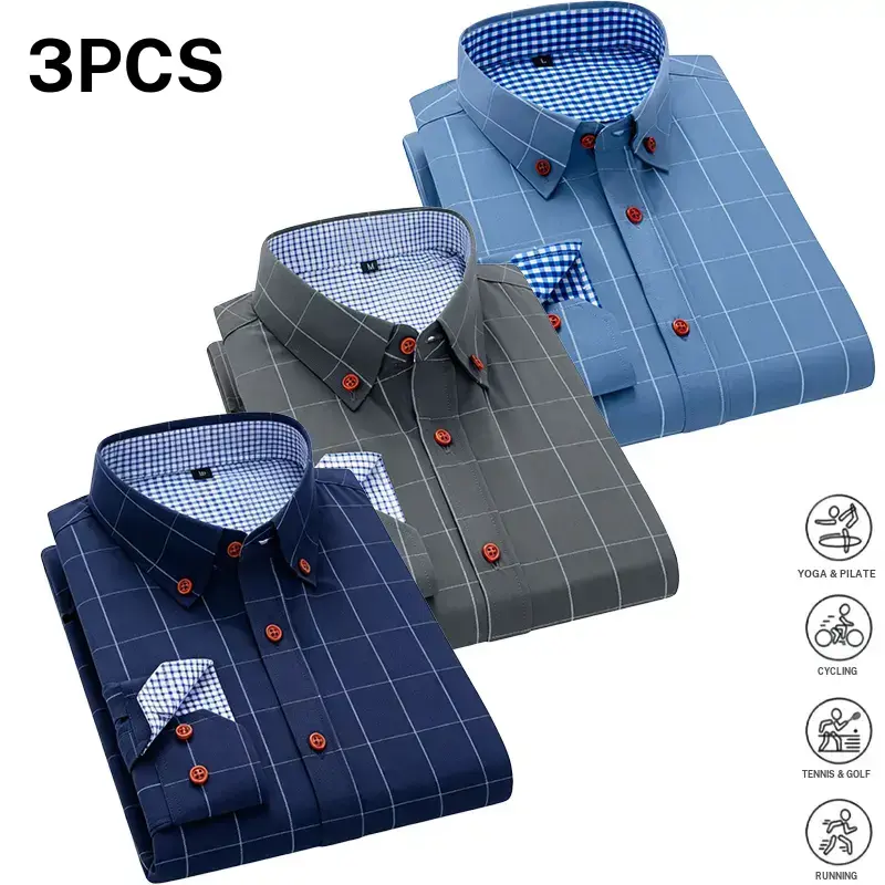 3 pack men’s plus size plaid long sleeve shirts, Korean style casual mature look, skin friendly breathable wrinkle resistant fabric, contrasting color buttons and plaid lining add a refined touch, structured fit that flatters figures and looks slimmer, su
