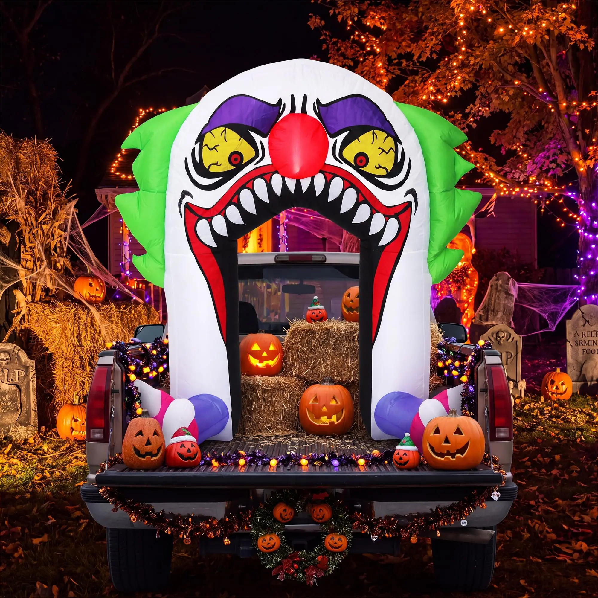5 FT Halloween Inflatables Clown Trunk or Treat Car Decorations, Inflatable Halloween Decorations with LEDs Scary Clown Trunk or Treat Decorations for Front Yard Car Decor