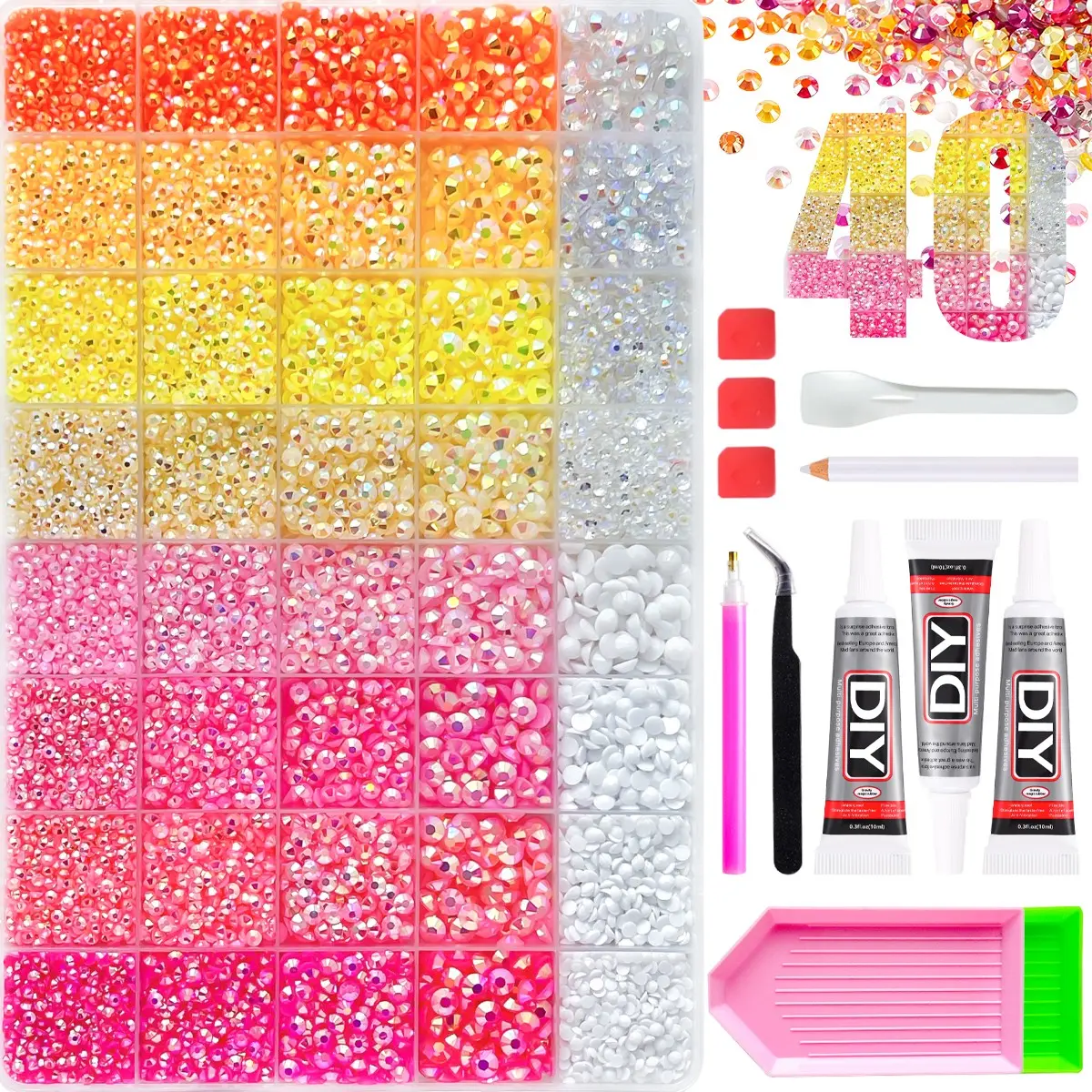 Warm Summer Orange 40-grid colored rhinestone set, Nail rhinestones featuring gradient shades of orange, peach pink, golden yellow and white. This complete rhinestone kit allows you to recreate summer sunset ocean nail art at home