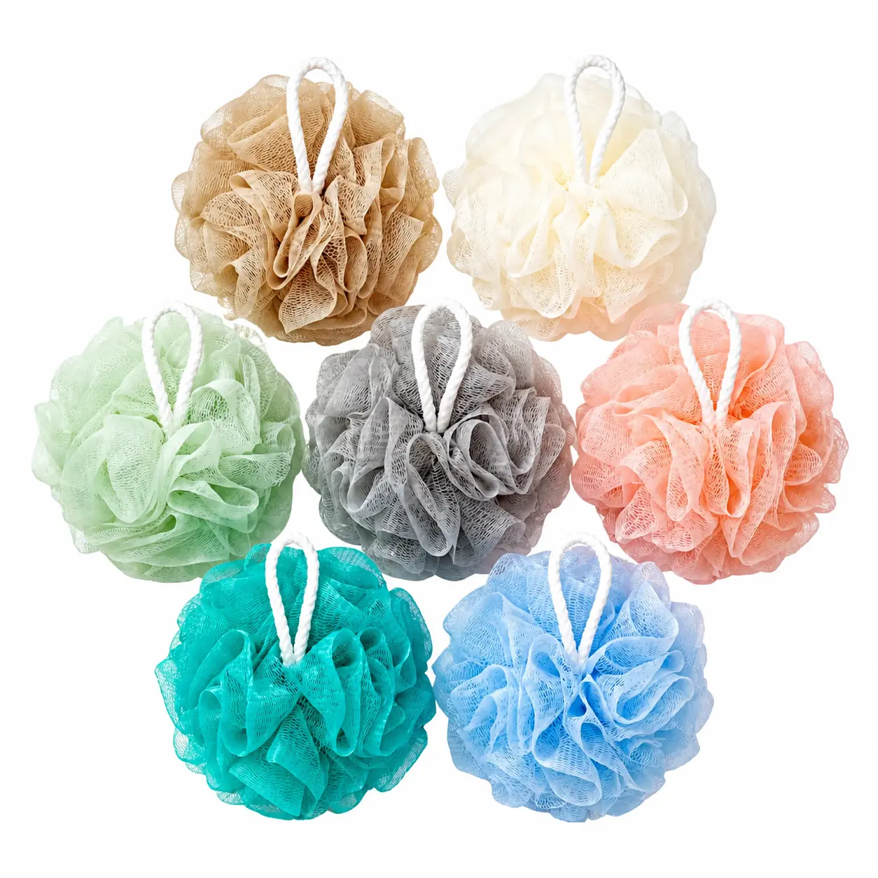 7-Piece Large Soft Mesh Bath Loofah Sponge Set – Gentle Exfoliating Shower Poufs with Cotton Hanging Ropes for Daily Body Care, Family-Sized Spa-Grade Scrubbing Tools, Reusable & Quick-Drying Body Scrubbers