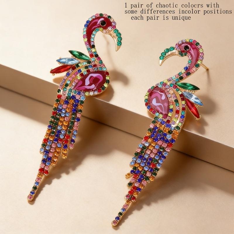 Colorful Rhinestone Flamingo Drop Earrings - Long Tassel Dangle Style - Cute & Sparkling Statement Fashion Jewelry for Women