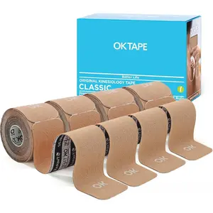 Kinesiology Sports Tape (Kinesiotape Sports Tapes), 4 Precut Beige Cotton Elastic Latex-Free Rolls, 20 Strips Each, 2in x 16ft, for Athletic Muscle Support