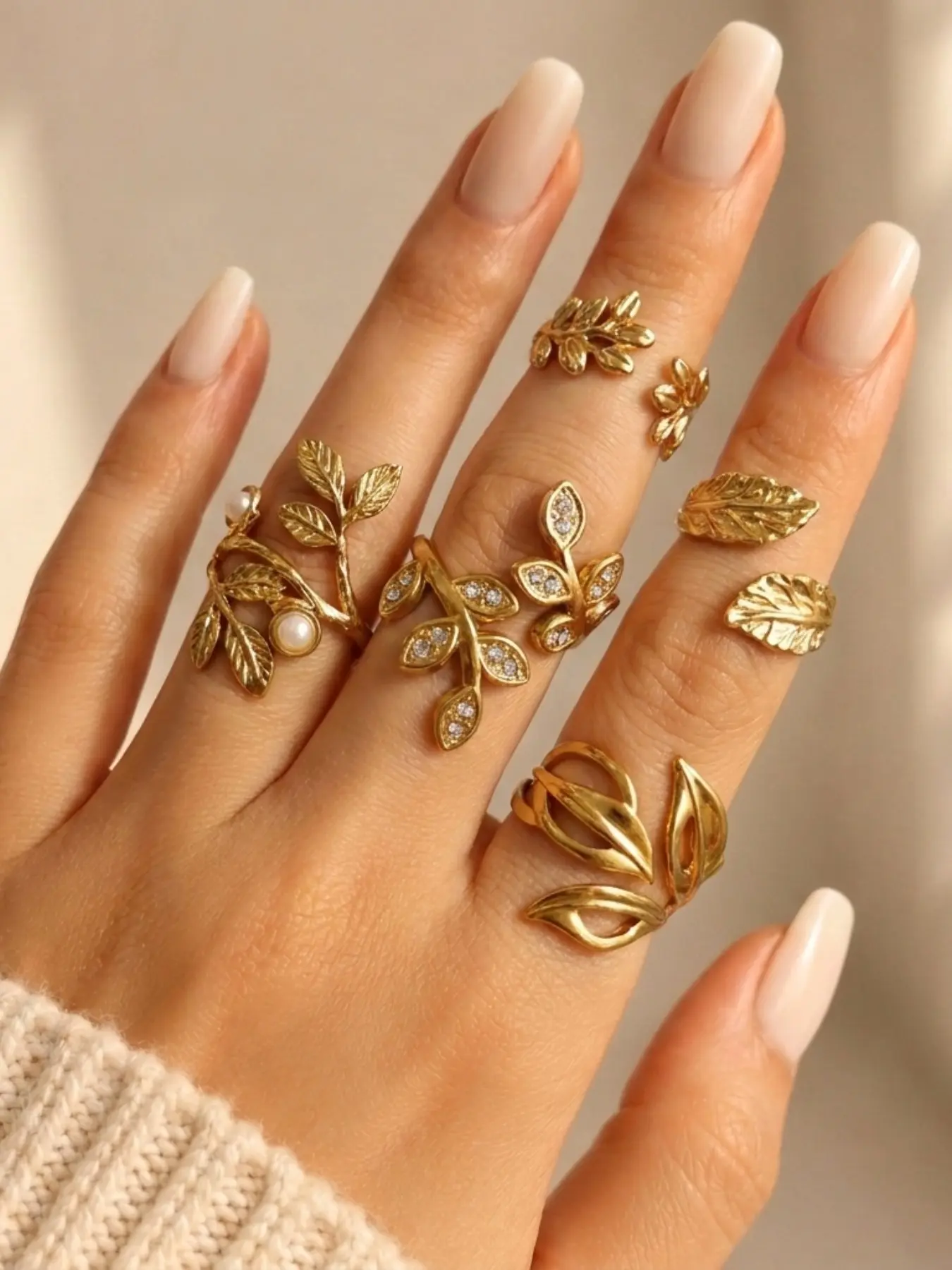 5Pcs Stainless Steel Stackable Ring Set Vintage Botanical Leaf Pearl Rhinestone Hollow Golden Open Band Boho Nature Finger Jewelry For Women