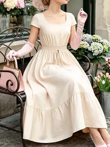 Women's Summer Muslim Off- Square Neck Modest Long Dress, Elastic Waist Layered Hem Casual Dress, Fitted Plain Surface Unlined