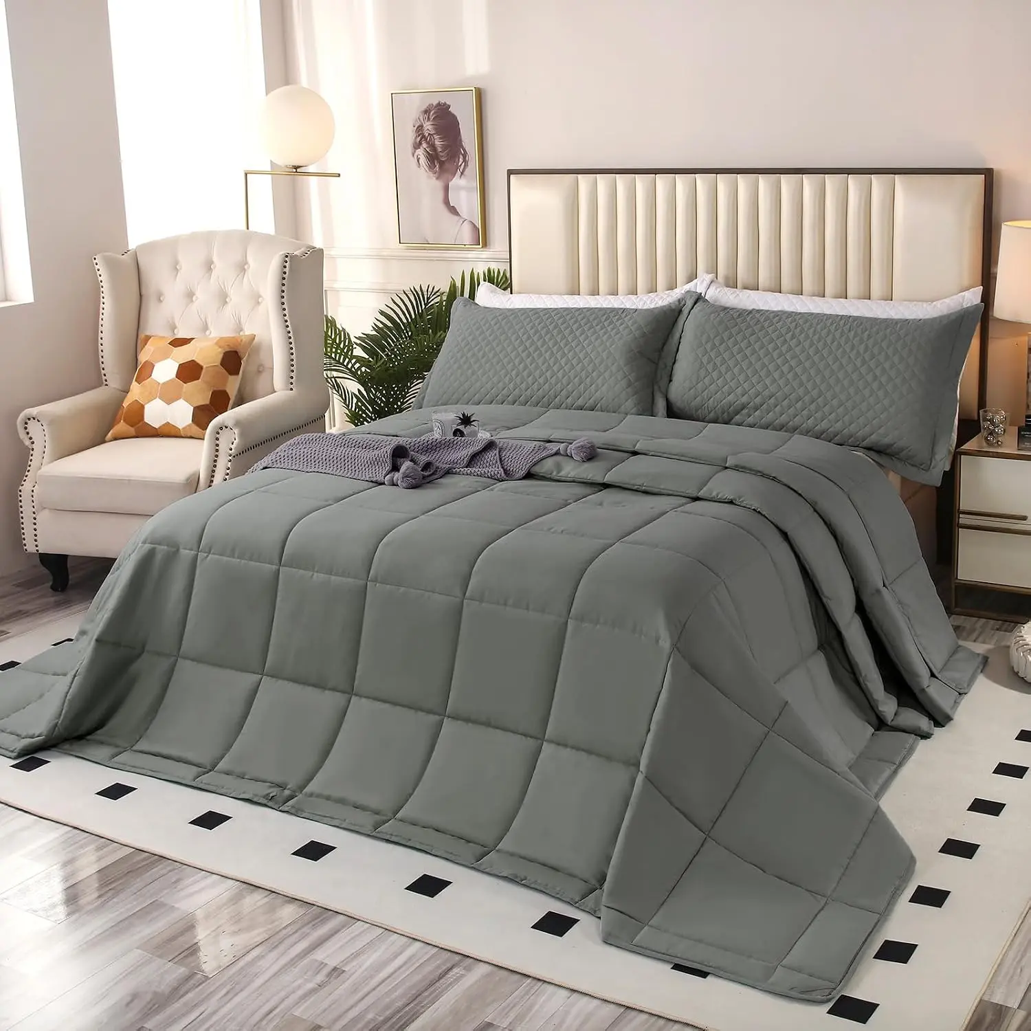 Oversized California King Comforter Set 120x120, Large King Size 3 Pieces Lightweight Reversible Down Alternative Comforter for All Season with 8 Corner Tabs -Gray