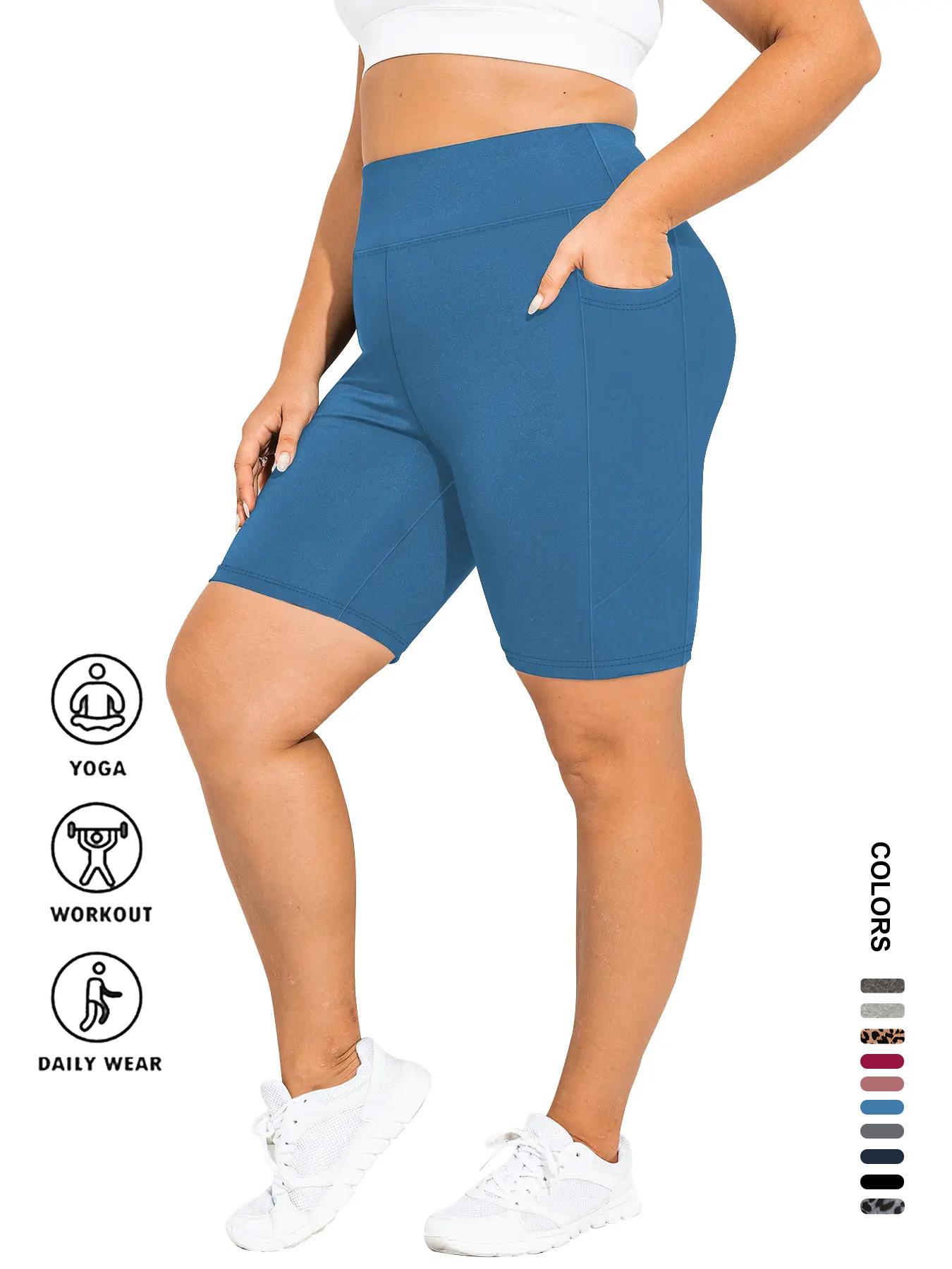 【Plus Size】 Plain / Leopard Print Pocket Design Skinny Short Leggings, Casual Comfy Breathable High Waist Short Leggings for Daily Wear, Women's Bottoms for Summer, Womenswear, Bodycon Shorts, Athletic Yoga Shorts