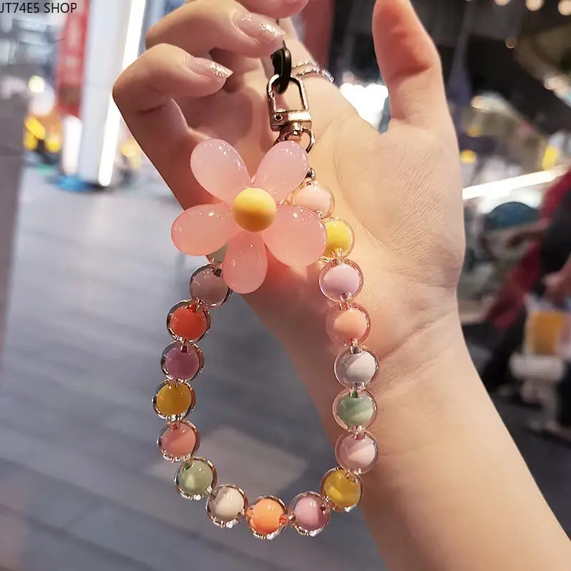 Korean Style Flower Pearl Phone Charm, Beaded Wrist Strap Lanyard, Handheld Macaron Color Mobile Accessories for Girls, Beaded Wire, Comfortable Handheld, Synthetic, Most Phones, Girls' Gifts, Round, Anti-Slip Grip, Moderate Size
