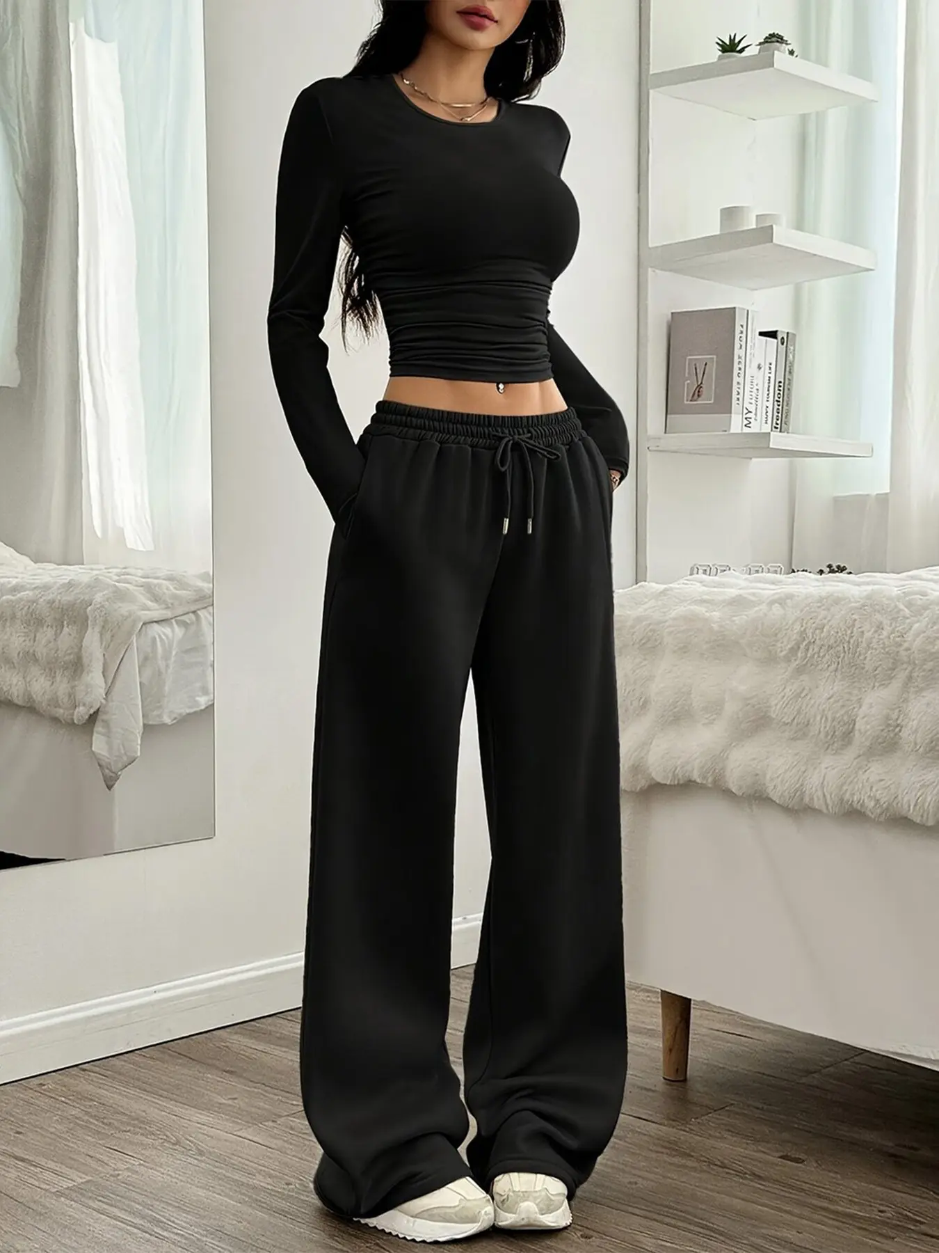 Women's Slim Fit Round Neck Long Sleeve Top + Casual Straight Leg Sports Pants Set, Casual Sportswear Set, Daily Leisure Lazy Wear, High Waist Comfortable