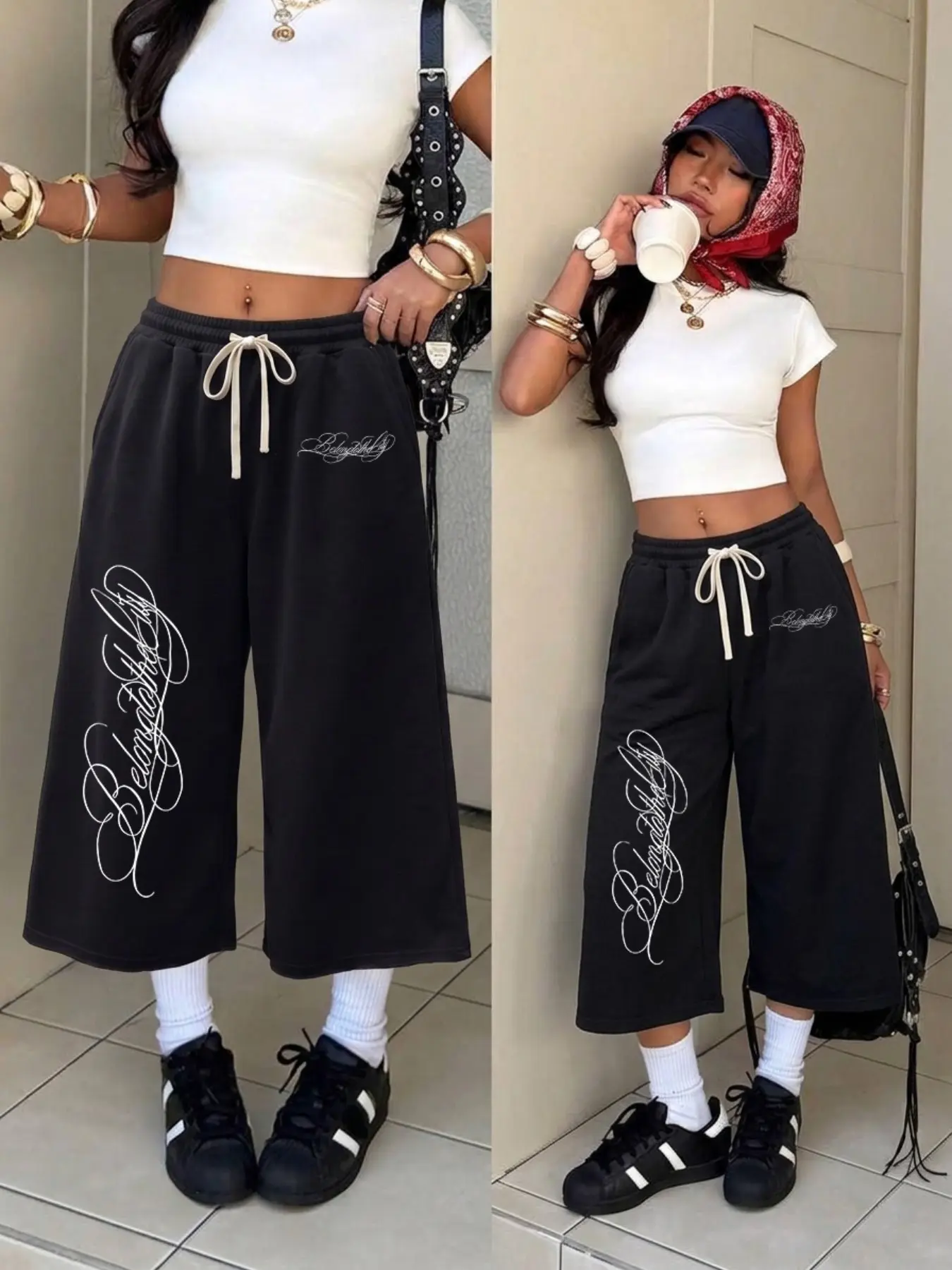 Women Y2K Casual, Comfy, Baggy Capri Sweat Pants Solid Black Elastic High Waist Cream Contrast Drawstring Cursive Script Signature Graphic Print Oversized Loose Wide Leg 7/8 Length Soft Terry Cropped Jogger Trousers Side Pockets Trendy Daily Botto