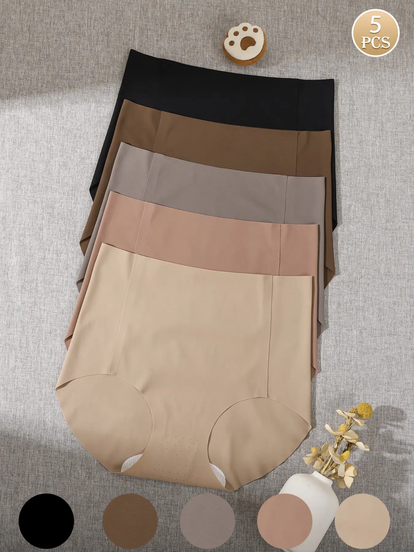5 Pcs Earth/taupe Seamless Ice Silk Mid-Waist Triangle Panties, Breathable Perforated Bottom, Matte Invisible Women's Underwear Shorts
